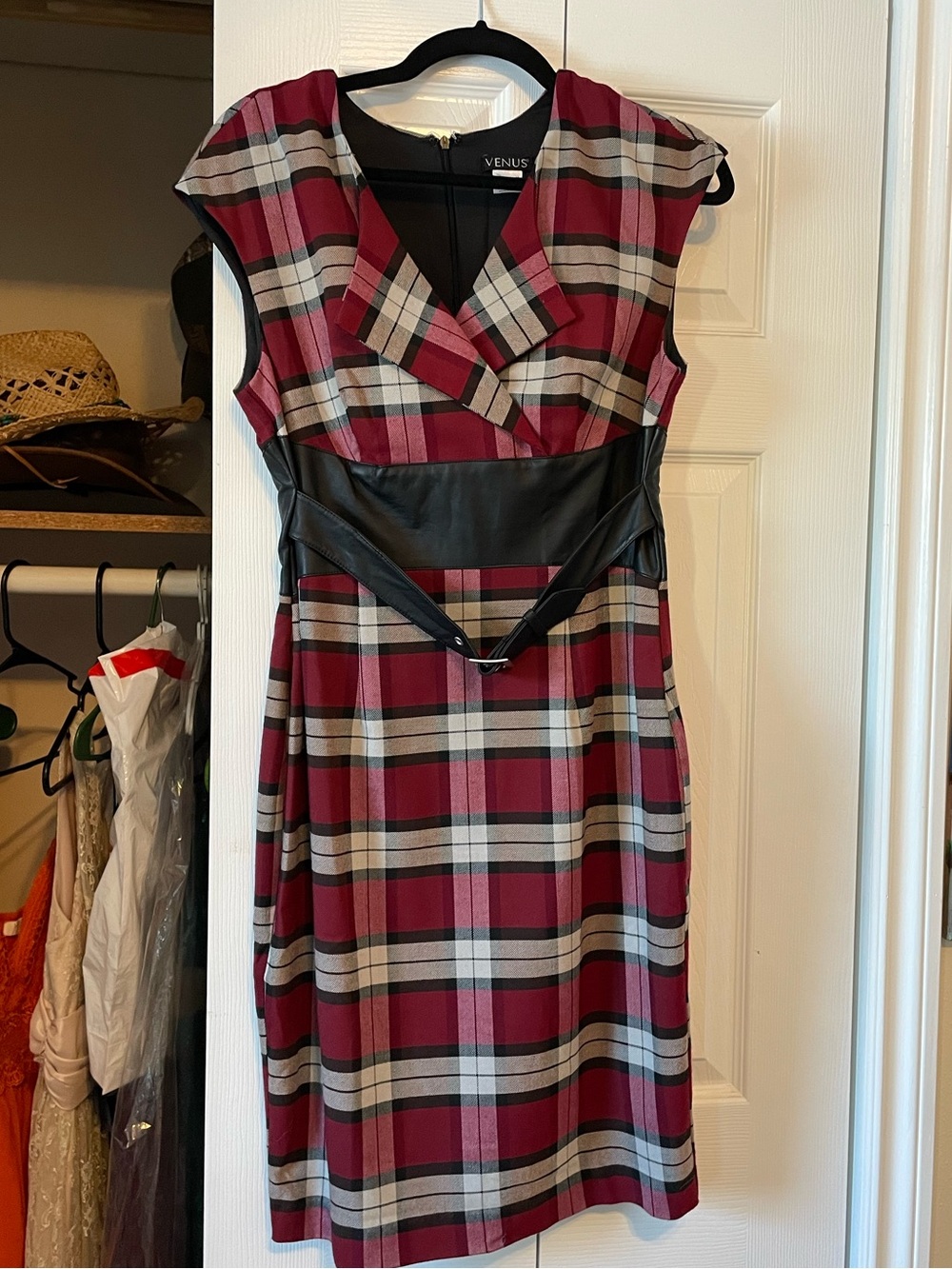 VENUS Burgundy Plaid Dress with Black Faux-Leather Waist
